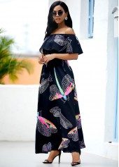Black dresses,Animal Print dresses,Everyday dresses,Casual dresses,ROTITA Off the Shoulder Dragonfly Print Belted Maxi Dress