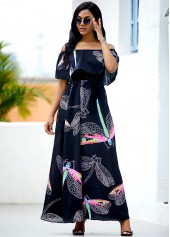 Black dresses,Animal Print dresses,Everyday dresses,Casual dresses,ROTITA Off the Shoulder Dragonfly Print Belted Maxi Dress