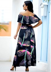 Black dresses,Animal Print dresses,Everyday dresses,Casual dresses,ROTITA Off the Shoulder Dragonfly Print Belted Maxi Dress
