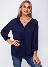 Navy tops,Plain Color tops,ROTITA V Neck Three Quarter Sleeve Lace Panel Blouse