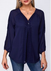 Navy tops,Plain Color tops,ROTITA V Neck Three Quarter Sleeve Lace Panel Blouse