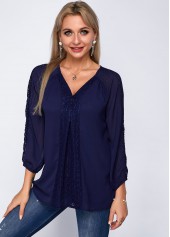 Navy tops,Plain Color tops,ROTITA V Neck Three Quarter Sleeve Lace Panel Blouse