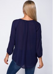 Navy tops,Plain Color tops,ROTITA V Neck Three Quarter Sleeve Lace Panel Blouse