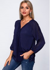 Navy tops,Plain Color tops,ROTITA V Neck Three Quarter Sleeve Lace Panel Blouse