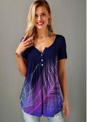 ROTITA Feather Print Short Sleeve Split Neck T Shirt