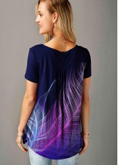 Purple tops,Floral tops,ROTITA Feather Print Short Sleeve Split Neck T Shirt