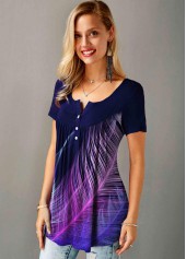 Purple tops,Floral tops,ROTITA Feather Print Short Sleeve Split Neck T Shirt