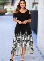ROTITA Plus Size Cold Shoulder Floral Print High Low Dress