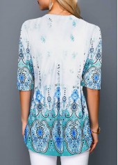 Blue tops,Floral tops,ROTITA Split Neck Tribal Print Half Sleeve Blouse
