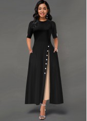 ROTITA Contrast Side Pocket Inclined Button Maxi Dress
