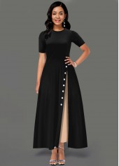 Black dresses,Contrast Color dresses,ROTITA Contrast Side Pocket Inclined Button Maxi Dress