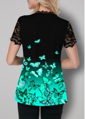 Cyan tops,Animal Print tops,ROTITA Ombre Lace Panel Butterfly Print T Shirt