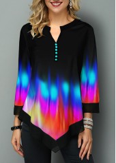 Black tops,Ombre tops,ROTITA Patchwork Ombre Black Split Neck 3/4 Sleeve Blouse