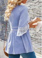 Light Purple tops,Contrast Color tops,ROTITA Lace Panel V Neck Button Detail T Shirt