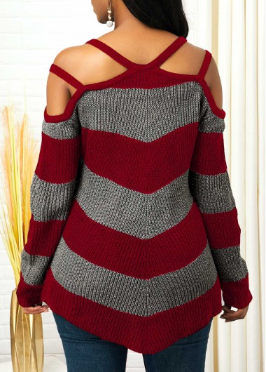 Red tops,Striped tops,ROTITA Striped Cold Shoulder Asymmetric Hem Sweater