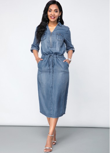 Denim Blue dresses,Plain Color dresses,ROTITA Chest Pocket Turndown Collar Denim Dress