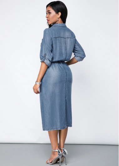 Denim Blue dresses,Plain Color dresses,ROTITA Chest Pocket Turndown Collar Denim Dress