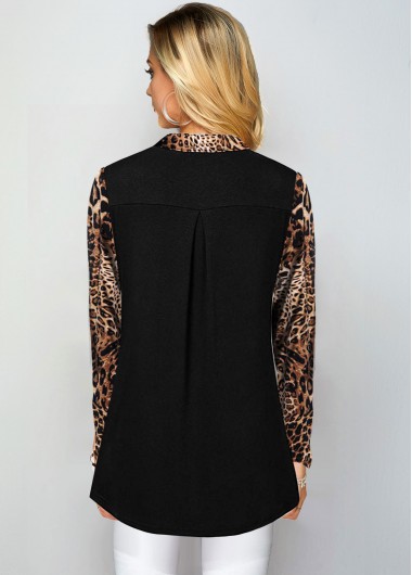 Black tops,Leopard tops,ROTITA Leopard Long Sleeve Quarter Zip Blouse