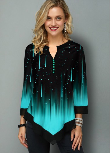 Cyan tops,Galaxy tops,ROTITA Ombre Meteor Print Asymmetric Hem T Shirt