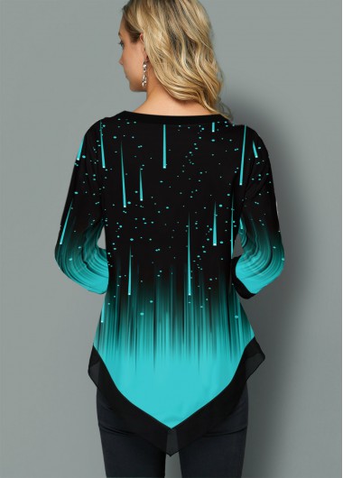 Cyan tops,Galaxy tops,ROTITA Ombre Meteor Print Asymmetric Hem T Shirt