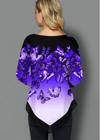 Purple tops,Animal Print tops,ROTITA Asymmetric Hem Ombre Butterfly Print T Shirt