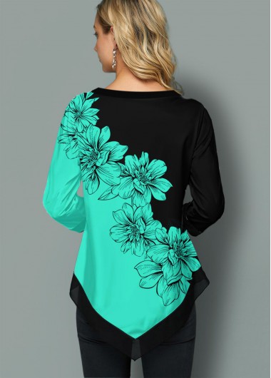 Cyan tops,Floral tops,ROTITA Split Neck Asymmetric Hem Floral Print Blouse