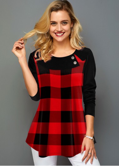 Red tops,Plaid tops,ROTITA Plaid Print Long Sleeve Round Neck T Shirt