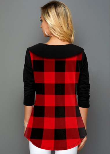 Red tops,Plaid tops,ROTITA Plaid Print Long Sleeve Round Neck T Shirt