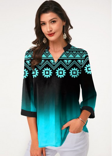 Cyan tops,Floral tops,ROTITA Tribal Print Three Quarter Sleeve Blouse