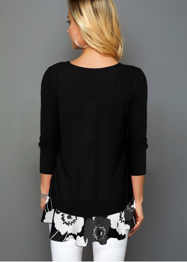 Black tops,Floral tops,ROTITA Ruffle Trim Printed Faux Two Piece T Shirt