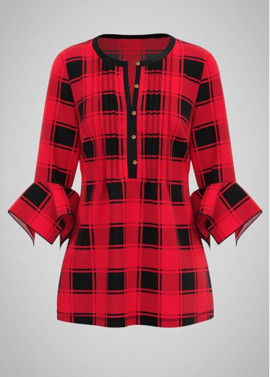 Red tops,Plaid tops,ROTITA Plaid Print Round Neck Hanky Cuff Blouse