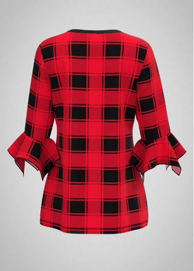 Red tops,Plaid tops,ROTITA Plaid Print Round Neck Hanky Cuff Blouse