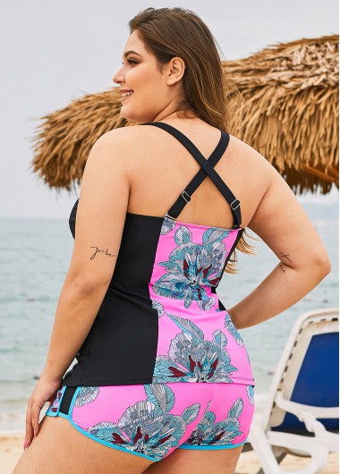 Pink plus size,Floral plus size,ROTITA Plus Size Tribal Print Cross Strap Tankini Set