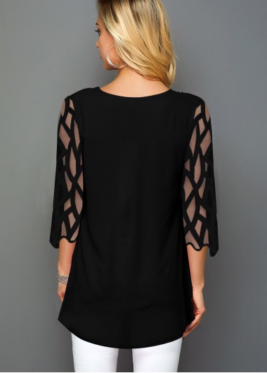 Blue tops,Floral tops,ROTITA Christmas Tree Print Mesh Panel T Shirt