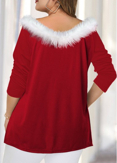 Red plus size,Contrast Color plus size,ROTITA Plus Size Fluffy Collar Tulip Hem T Shirt