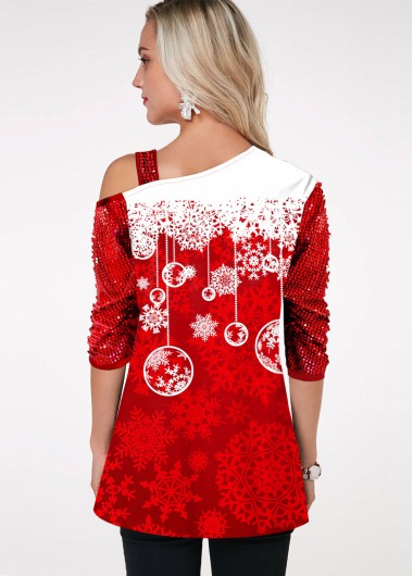 Red tops,Christmas tops,ROTITA Christmas Snowflake Print Cold Shoulder Sequin Sleeve T Shirt