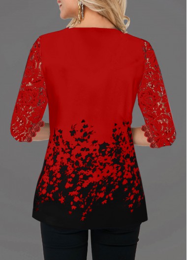 Red tops,Floral tops,ROTITA Lace Panel V Neck Floral Print T Shirt