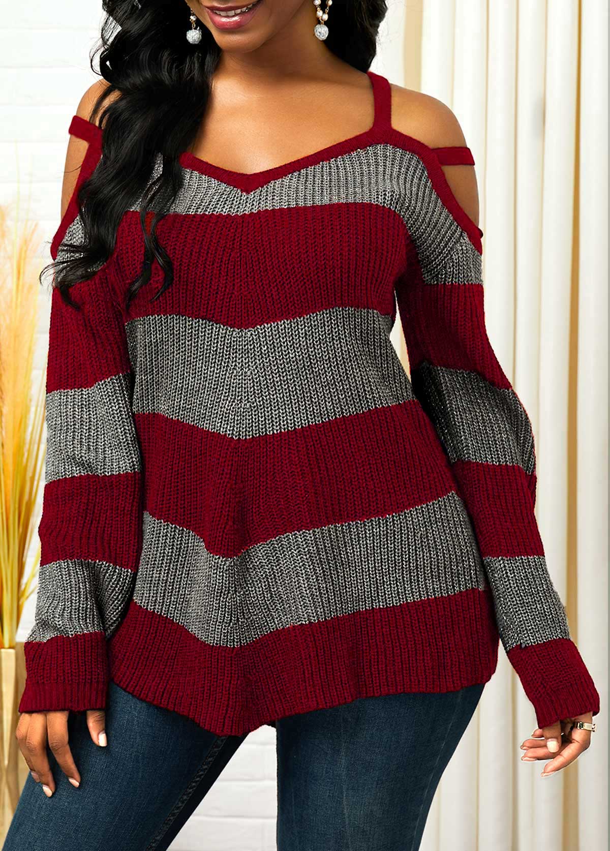 ROTITA Striped Cold Shoulder Asymmetric Hem Sweater