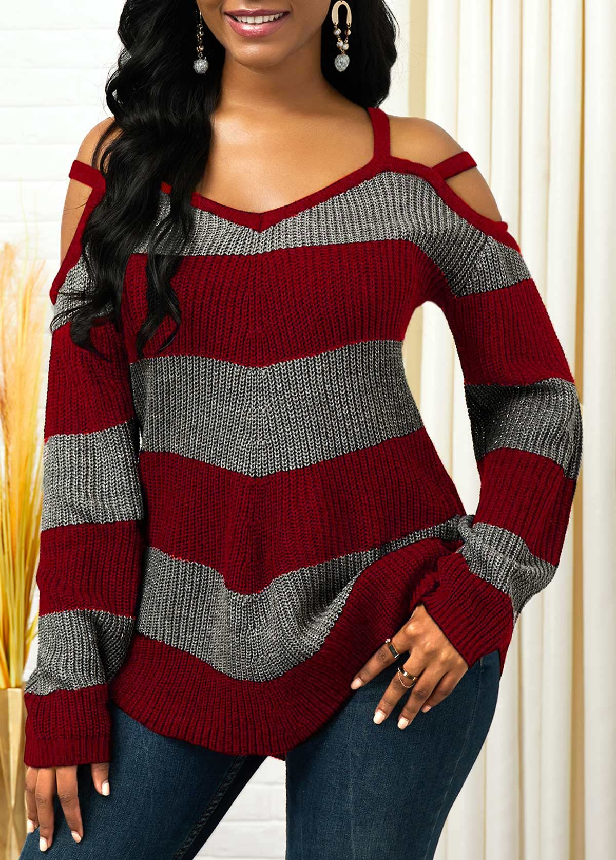 Red tops,Striped tops,ROTITA Striped Cold Shoulder Asymmetric Hem Sweater