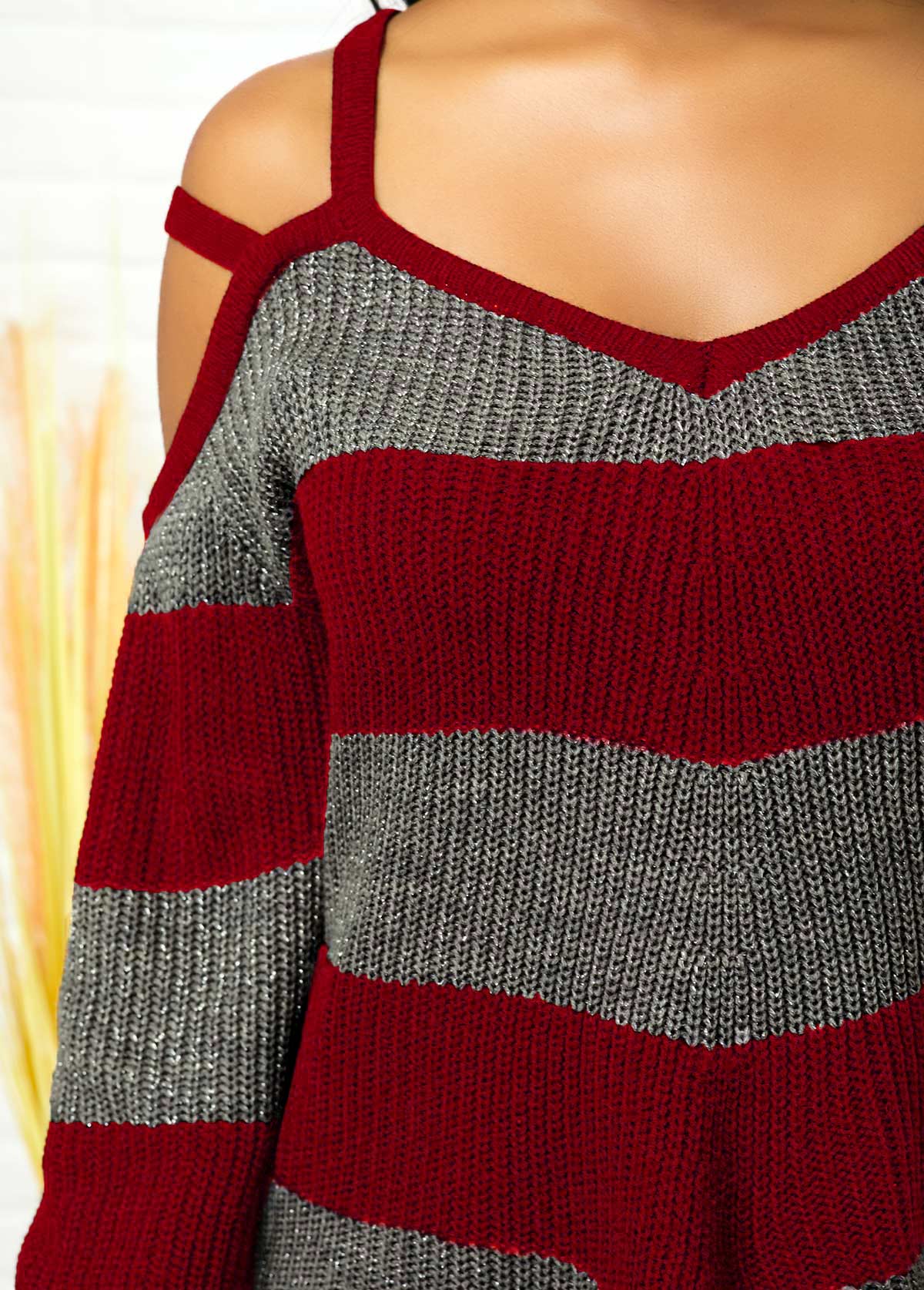 Red tops,Striped tops,ROTITA Striped Cold Shoulder Asymmetric Hem Sweater