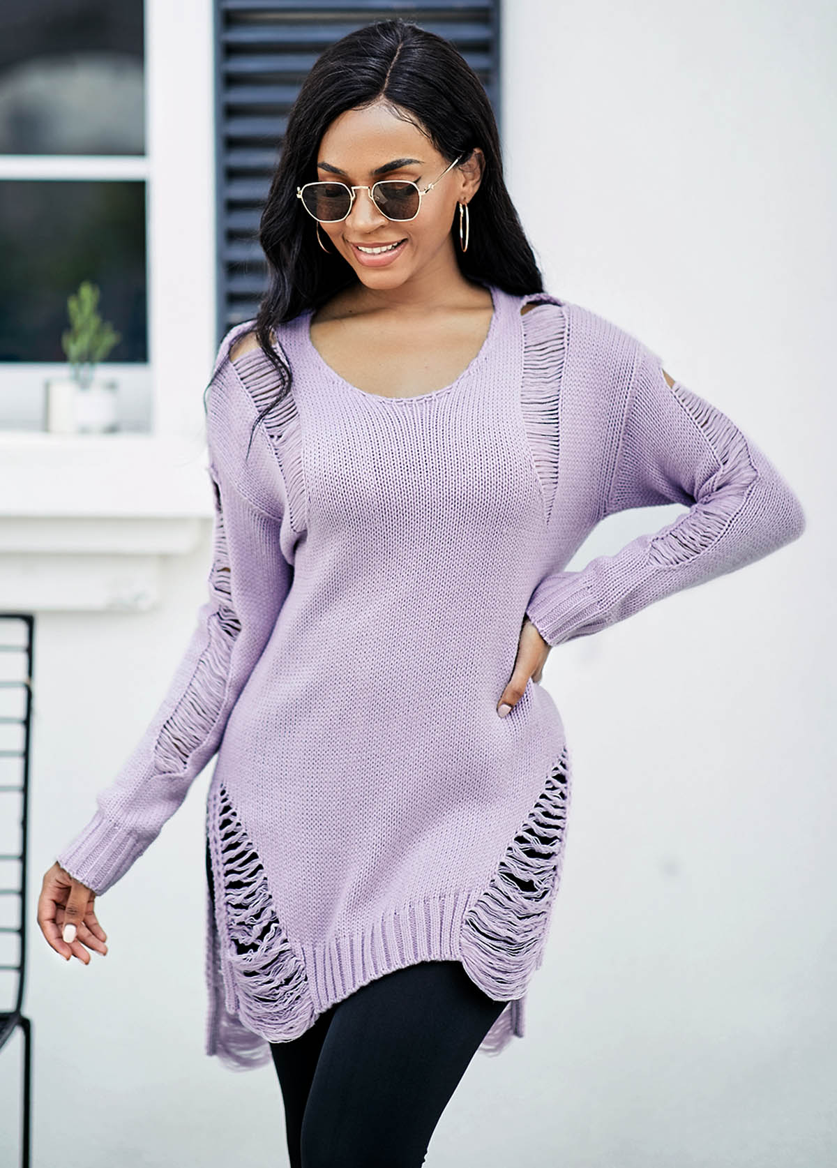 Long Sleeve Asymmetric Hem Draped Fringe Sweater