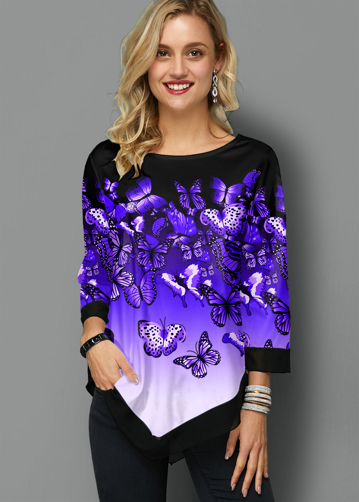 ROTITA Asymmetric Hem Ombre Butterfly Print T Shirt