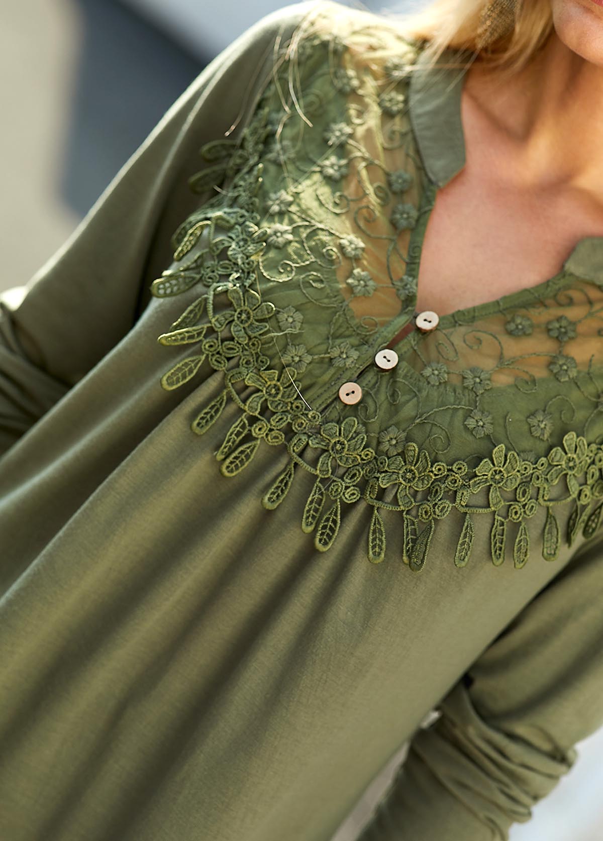 Olive Green tops,Plain Color tops,ROTITA Split Neck Lace Panel Long Sleeve Blouse