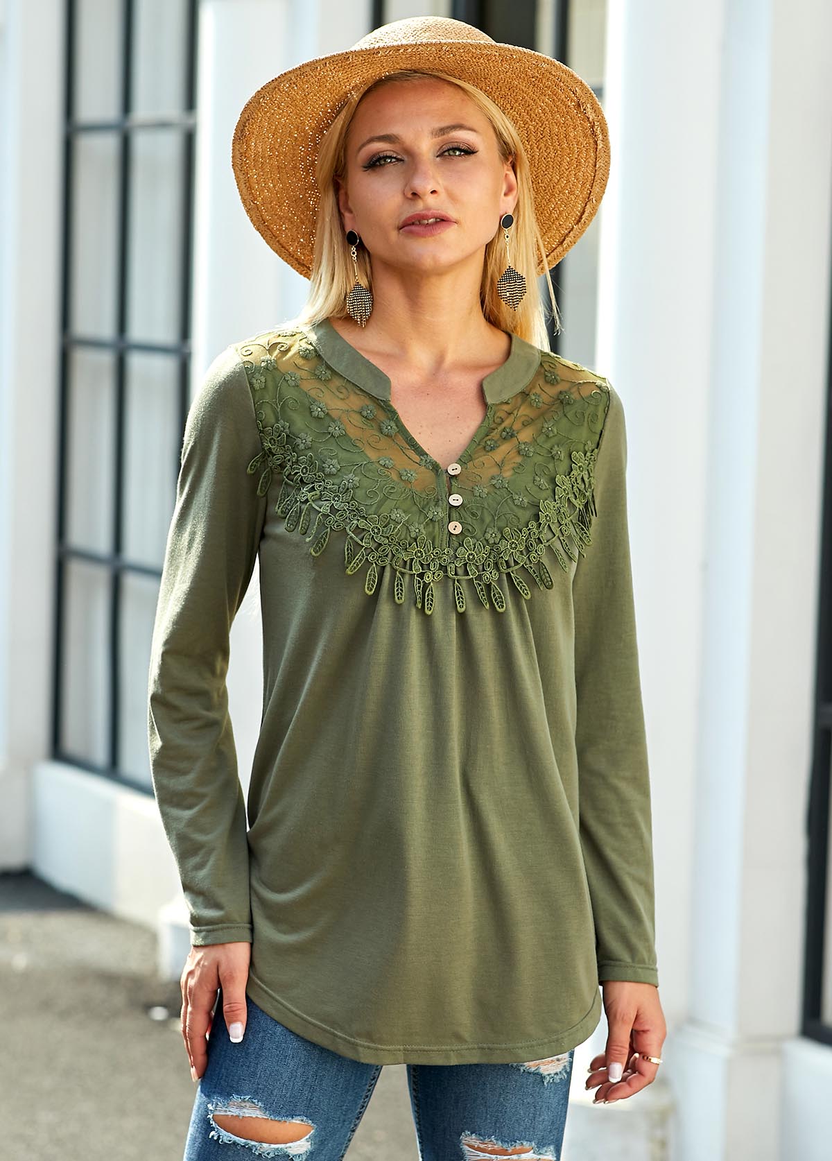 Olive Green tops,Plain Color tops,ROTITA Split Neck Lace Panel Long Sleeve Blouse
