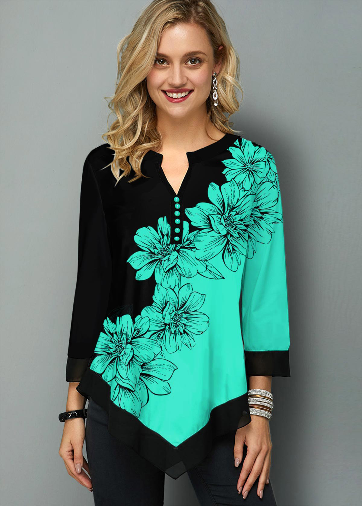Cyan tops,Floral tops,ROTITA Split Neck Asymmetric Hem Floral Print Blouse