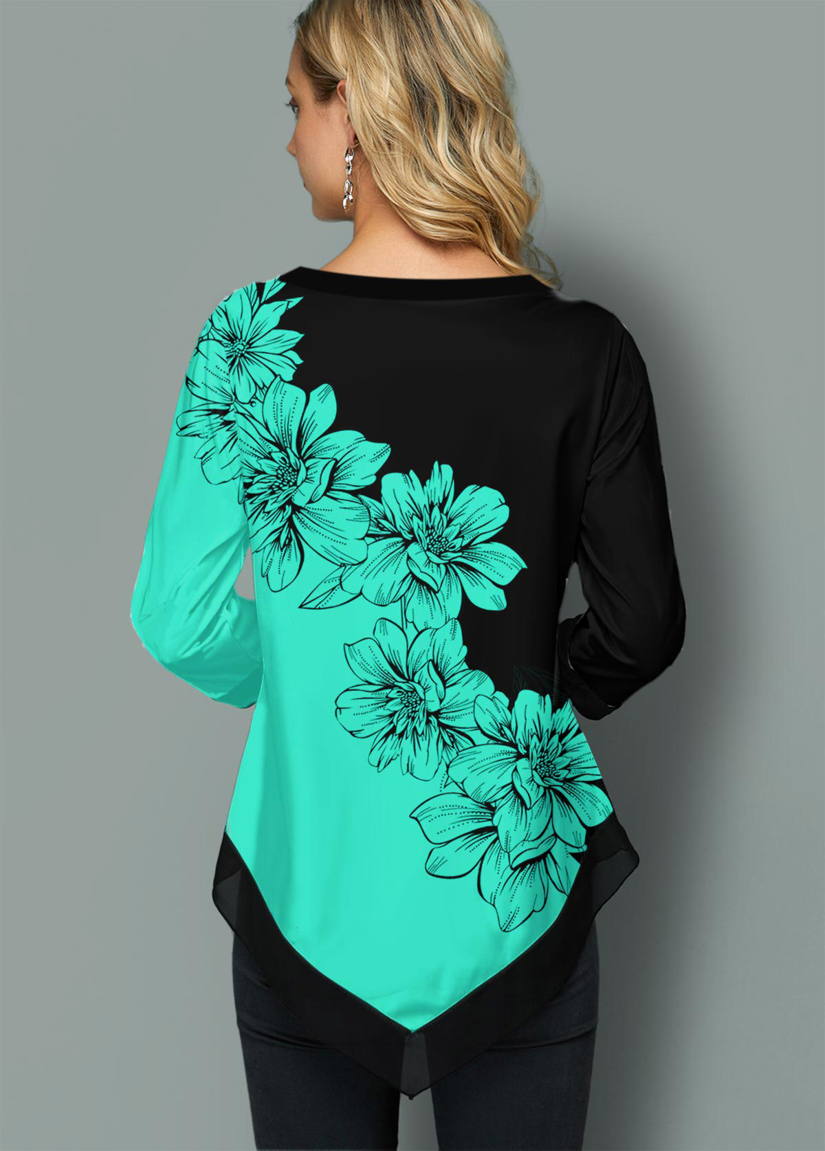 Cyan tops,Floral tops,ROTITA Split Neck Asymmetric Hem Floral Print Blouse