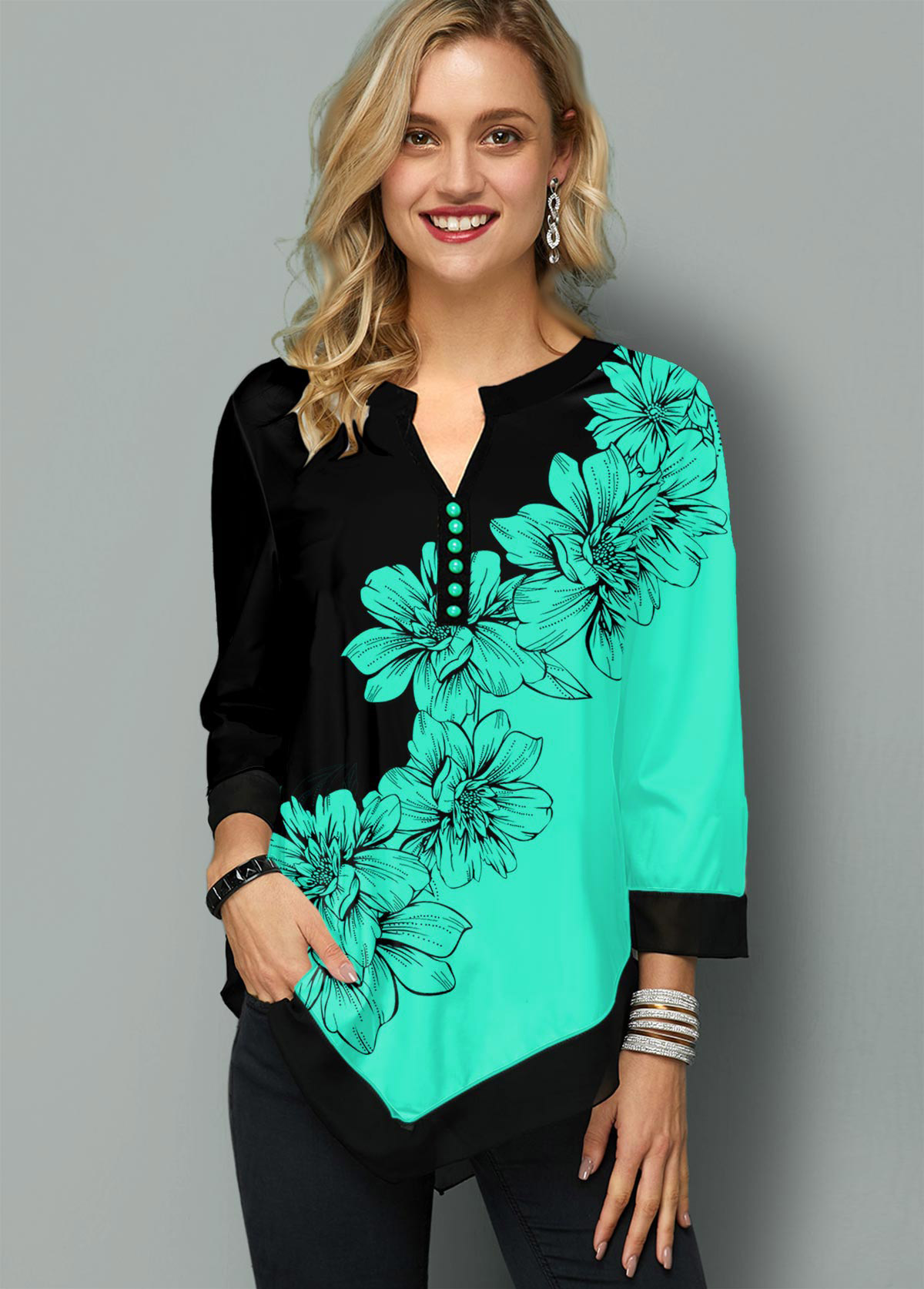 Cyan tops,Floral tops,ROTITA Split Neck Asymmetric Hem Floral Print Blouse