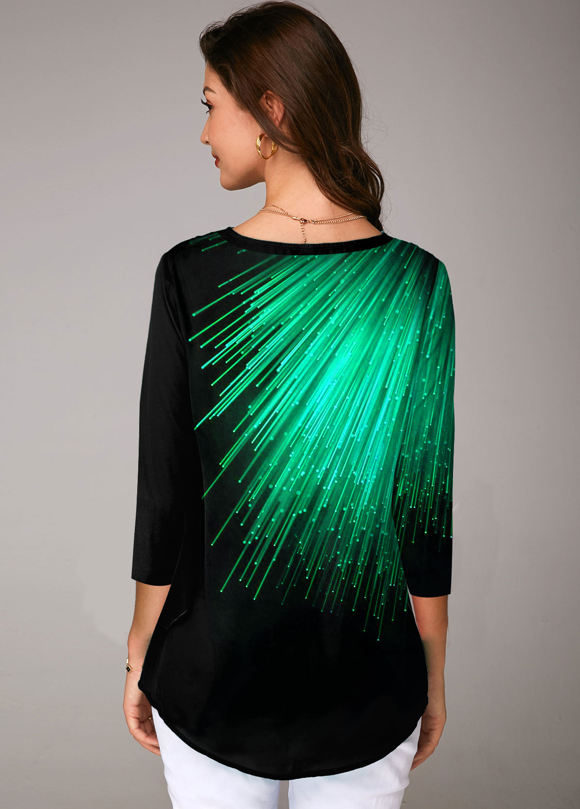 Green tops,Floral tops,ROTITA Three Quarter Sleeve Printed Lace Up Blouse