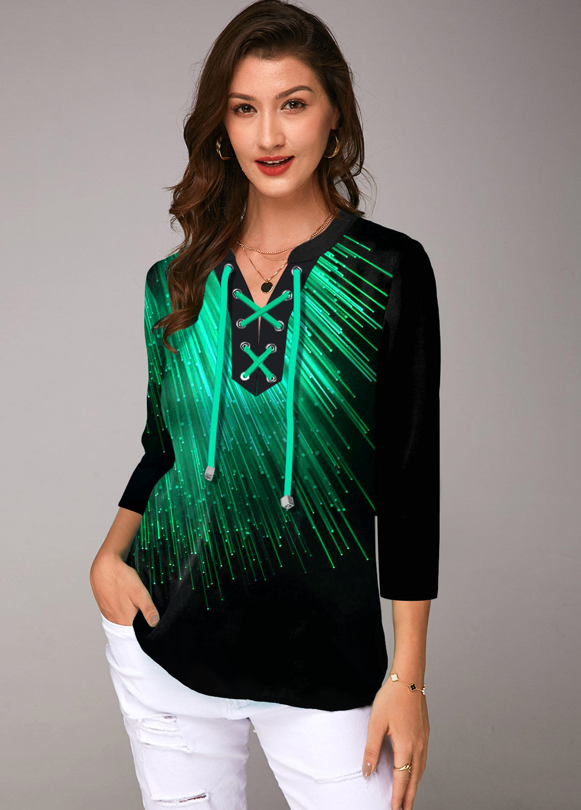 Green tops,Floral tops,ROTITA Three Quarter Sleeve Printed Lace Up Blouse