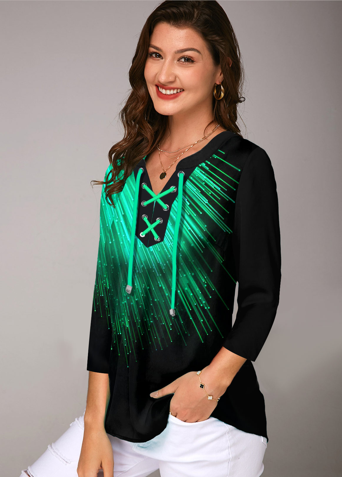 Green tops,Floral tops,ROTITA Three Quarter Sleeve Printed Lace Up Blouse